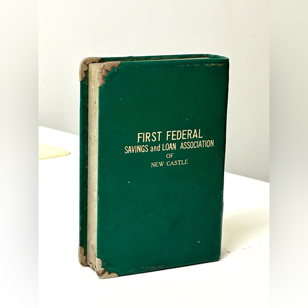 Antique FIRST FEDERAL Savings Loan Association of New Castle Faux Book Coin Bank